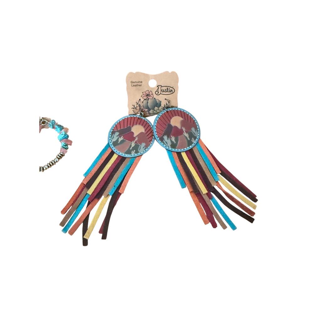 Justin Leather Tooled Desert Scene Turquoise Trim Earrings 213170EJ2